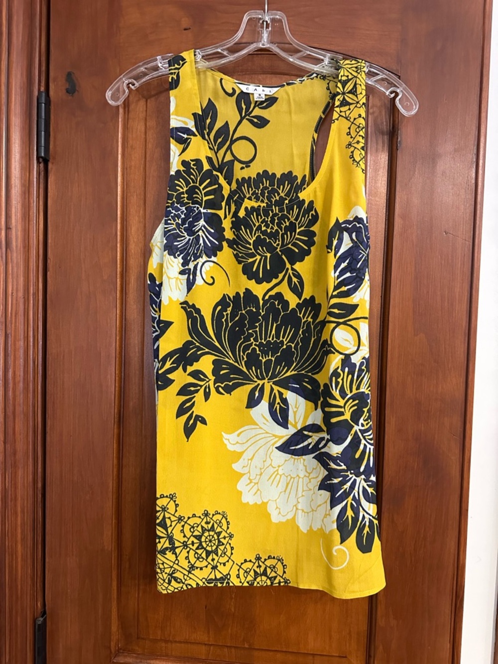 CAbi Sleeveless Deep Yellow and Navy Floral Shift Silk Blend Top
